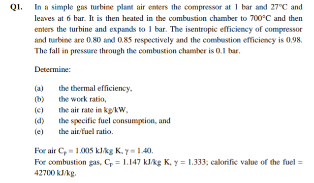 Q 1 . In a simple gas turbine plant air enters