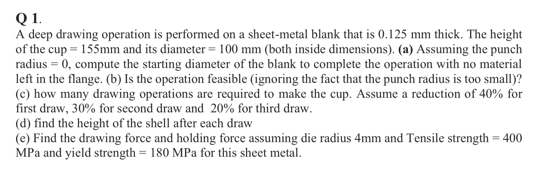 Q 1 . A deep drawing operation is performed on a