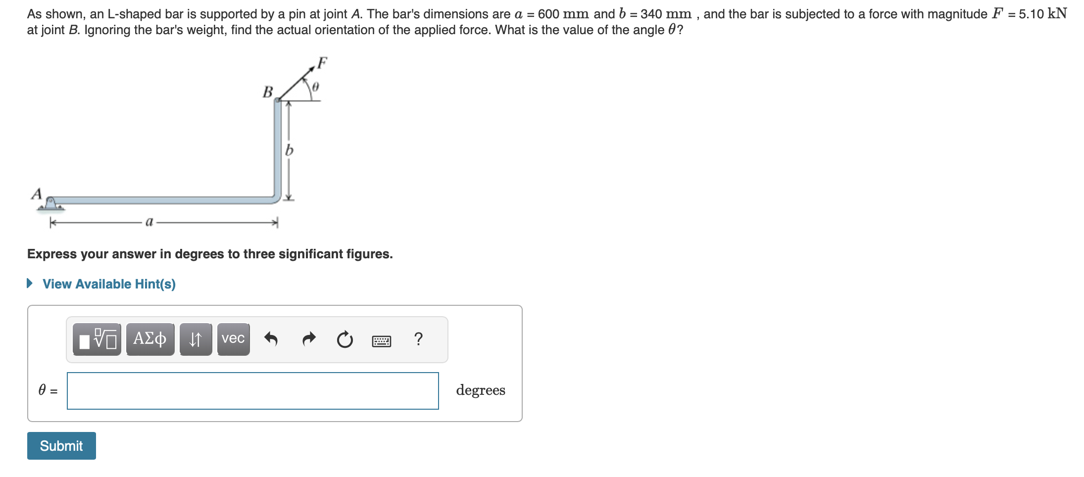 As shown, an L - shaped bar is supported by a pin