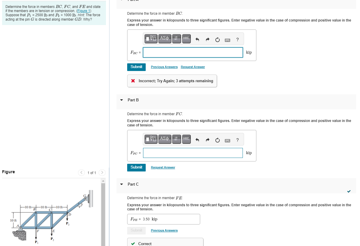 Determine the force in members \ ( B C , F C \ )