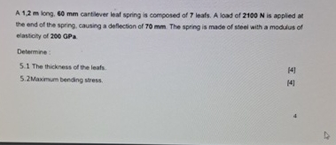 A 1 . 2 m long. 6 0 mm cantiever leaf spring is