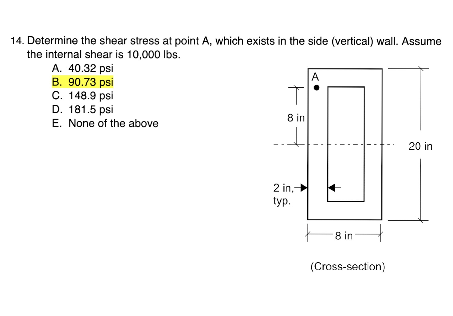 1 4 . Determine the shear stress at point \ ( A \