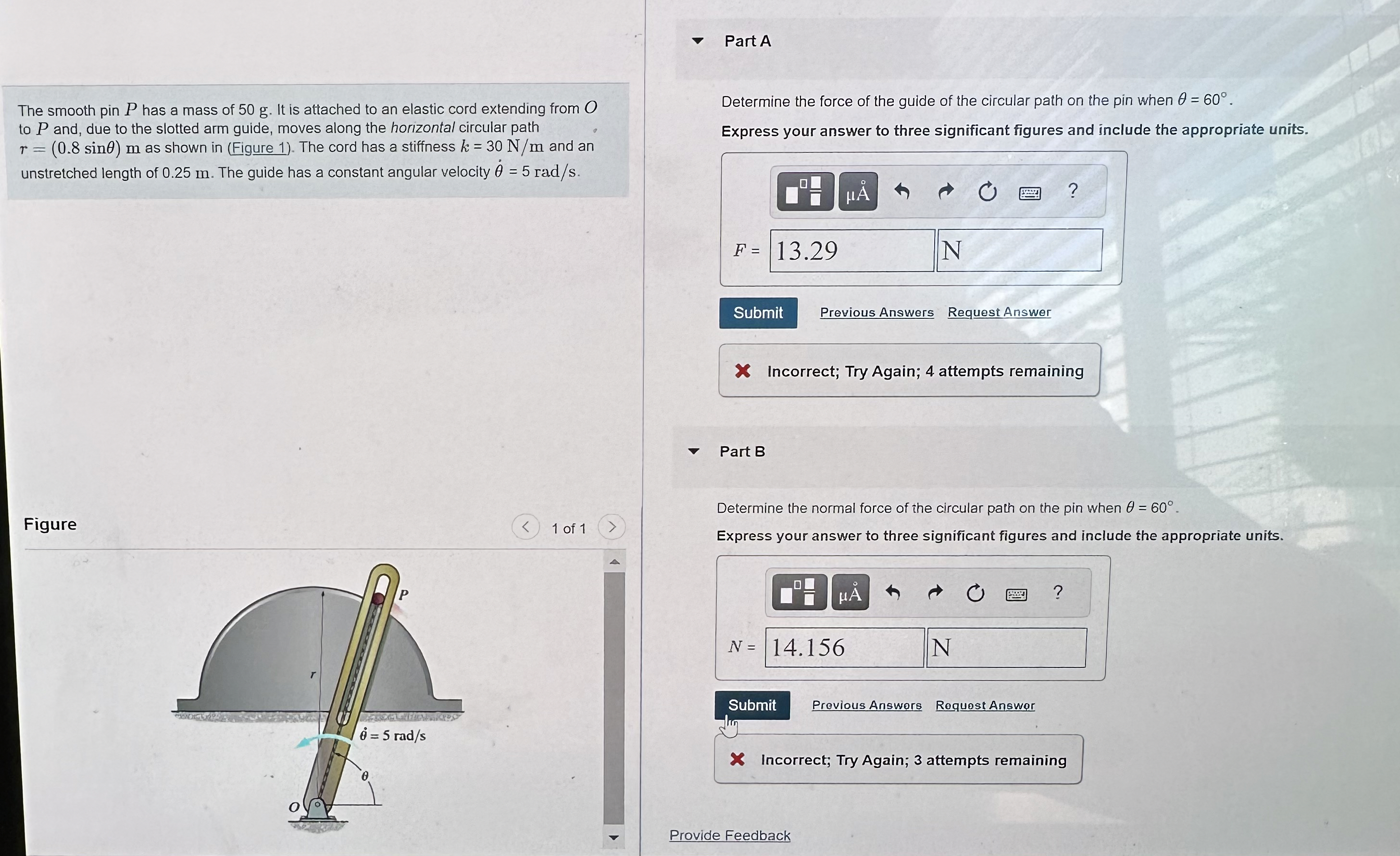 Part A The smooth pin P has a mass of 5 0 g . It