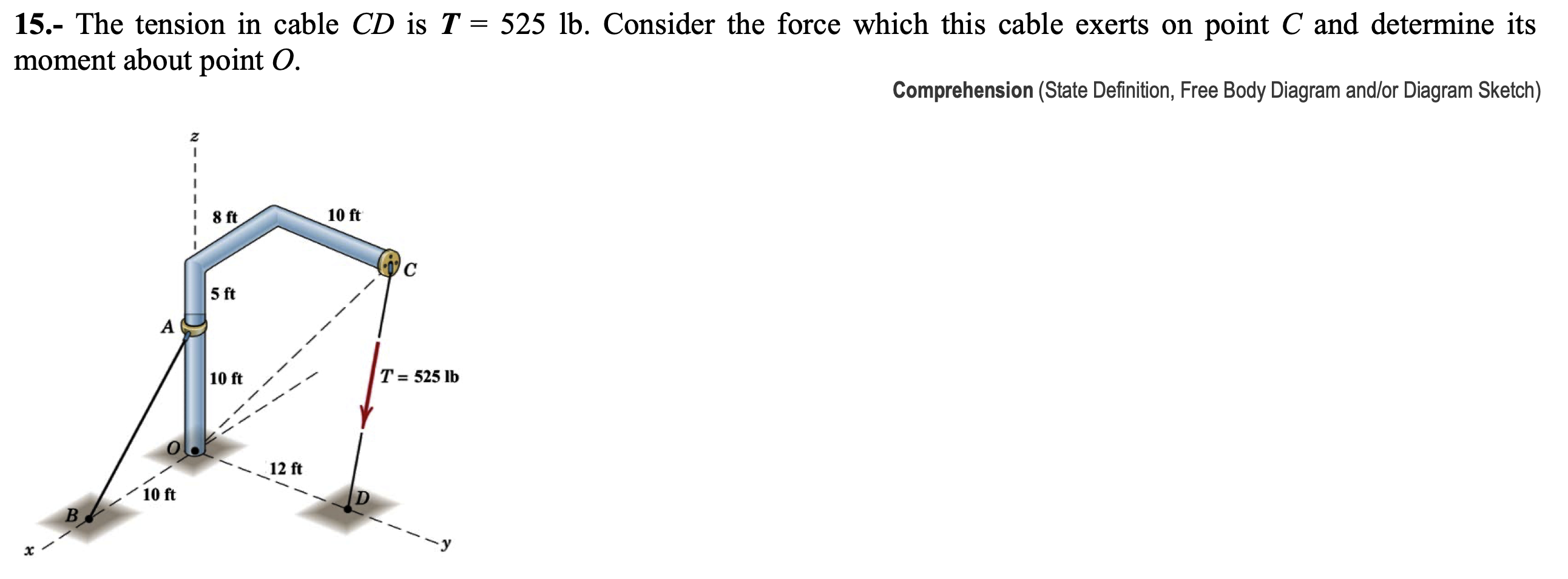 The tension in cable CD is T = 5 2 5 lb .