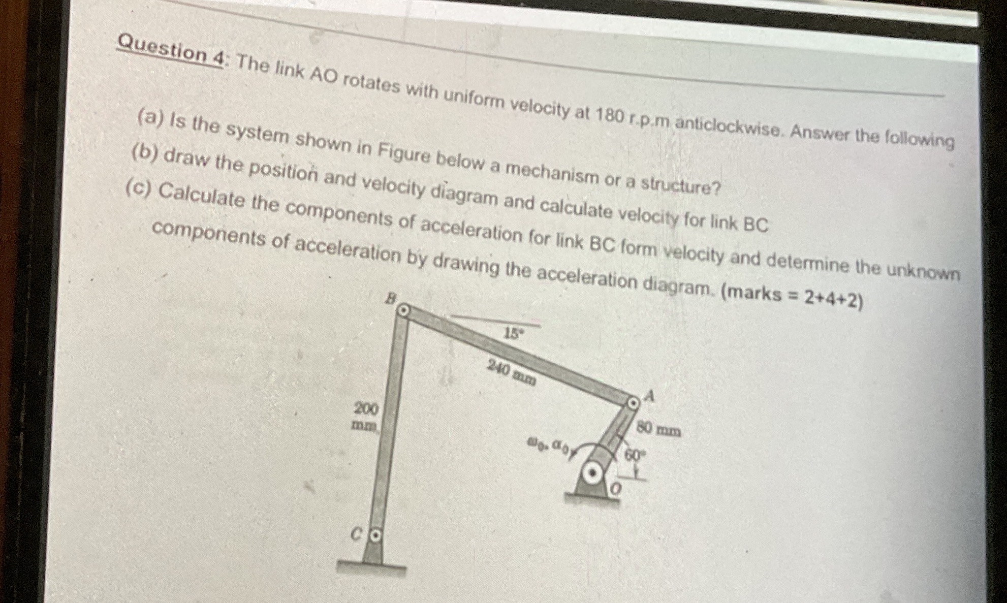 Question 4 : The link A O rotates with uniform