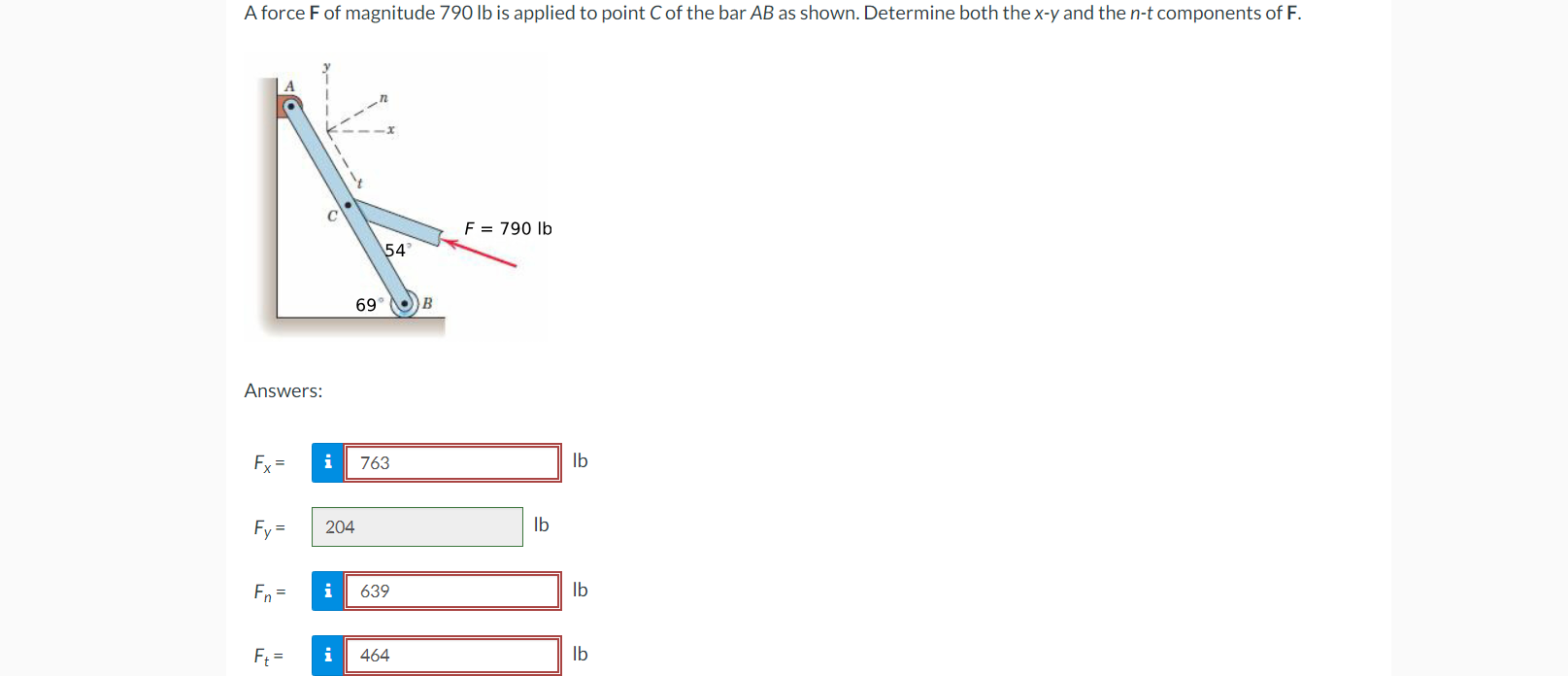 A force F of magnitude 7 9 0 lb is applied to
