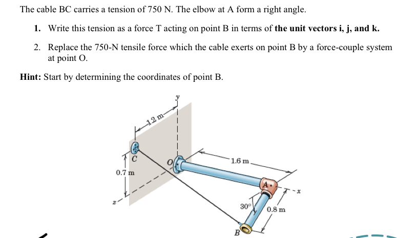 The cable BC carries a tension of 7 5 0 N . The