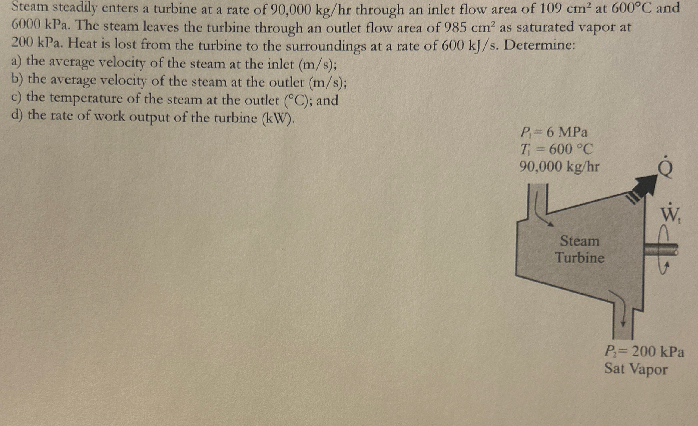 Steam steadily enters a turbine at a rate of 9 0