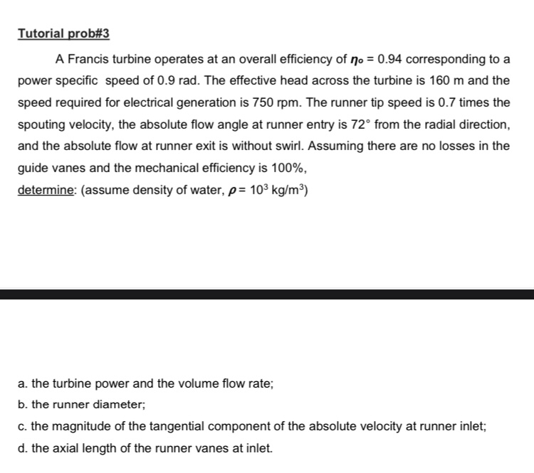 Tutorial prob# 3 A Francis turbine operates at an