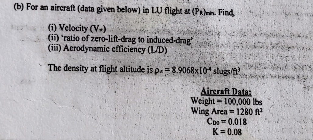 ( b ) For an aircraft ( data given below ) in LU