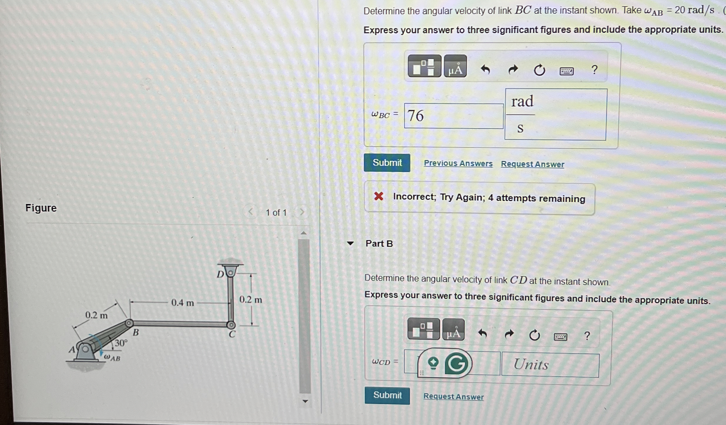 Determine the angular velocity of link B C at the