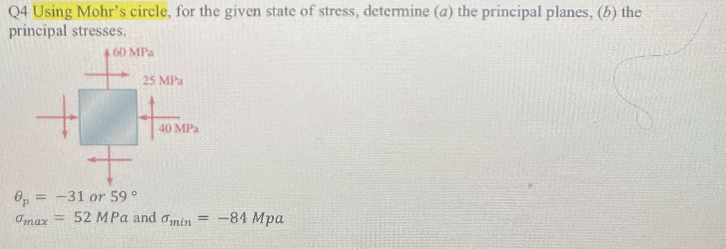 Q 4 Using Mohr's circle, for the given state of