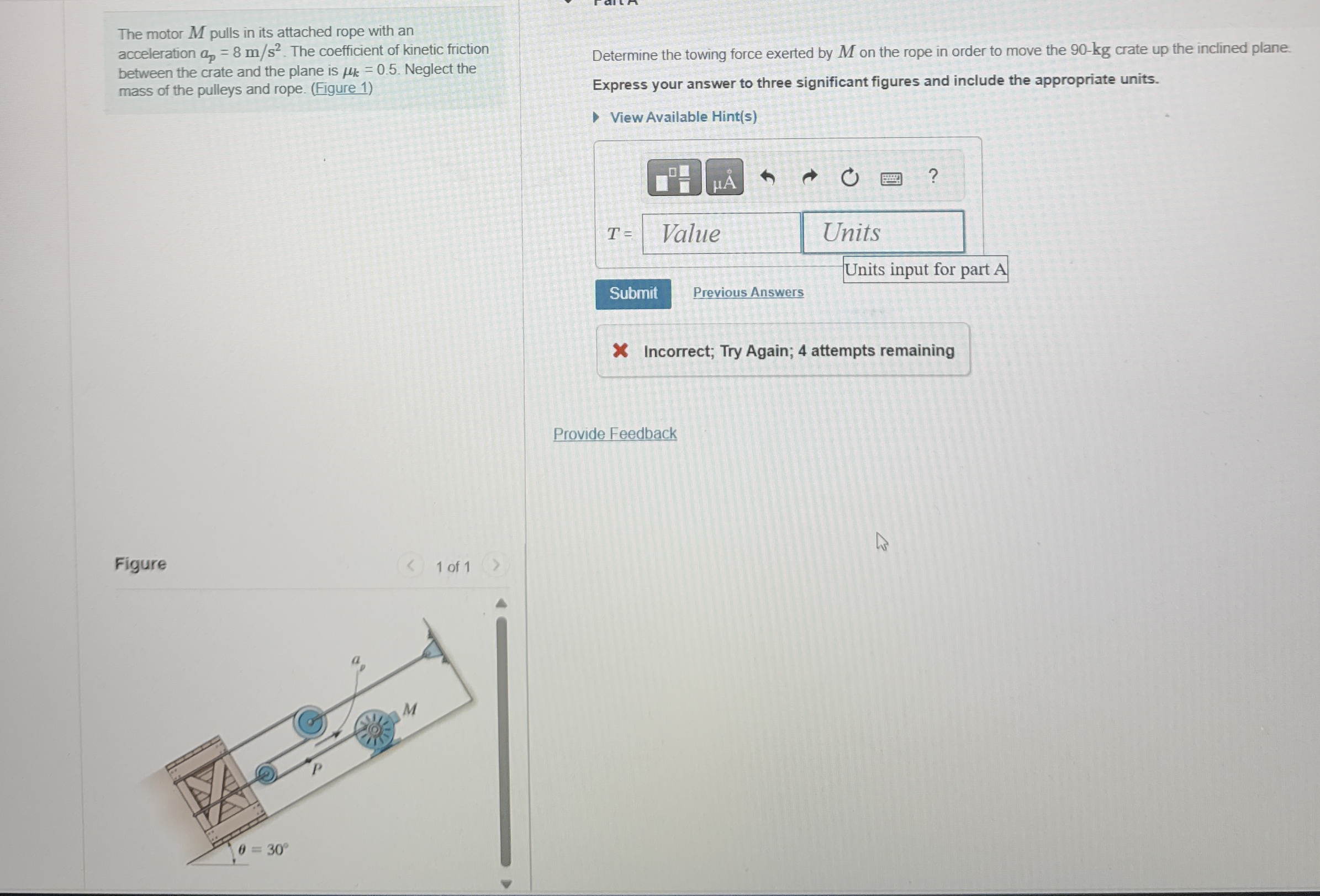 The motor M pulls in its attached rope with an