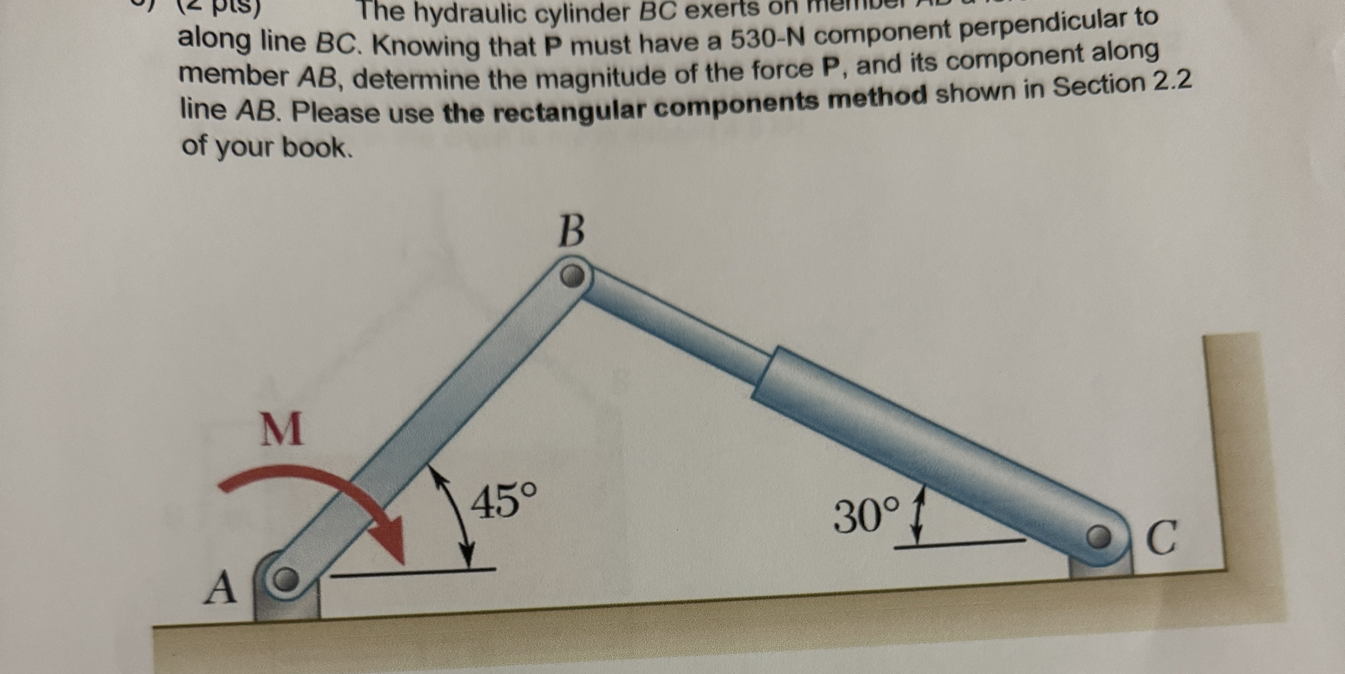 The hydraulic cylinder BC exerts on m along line