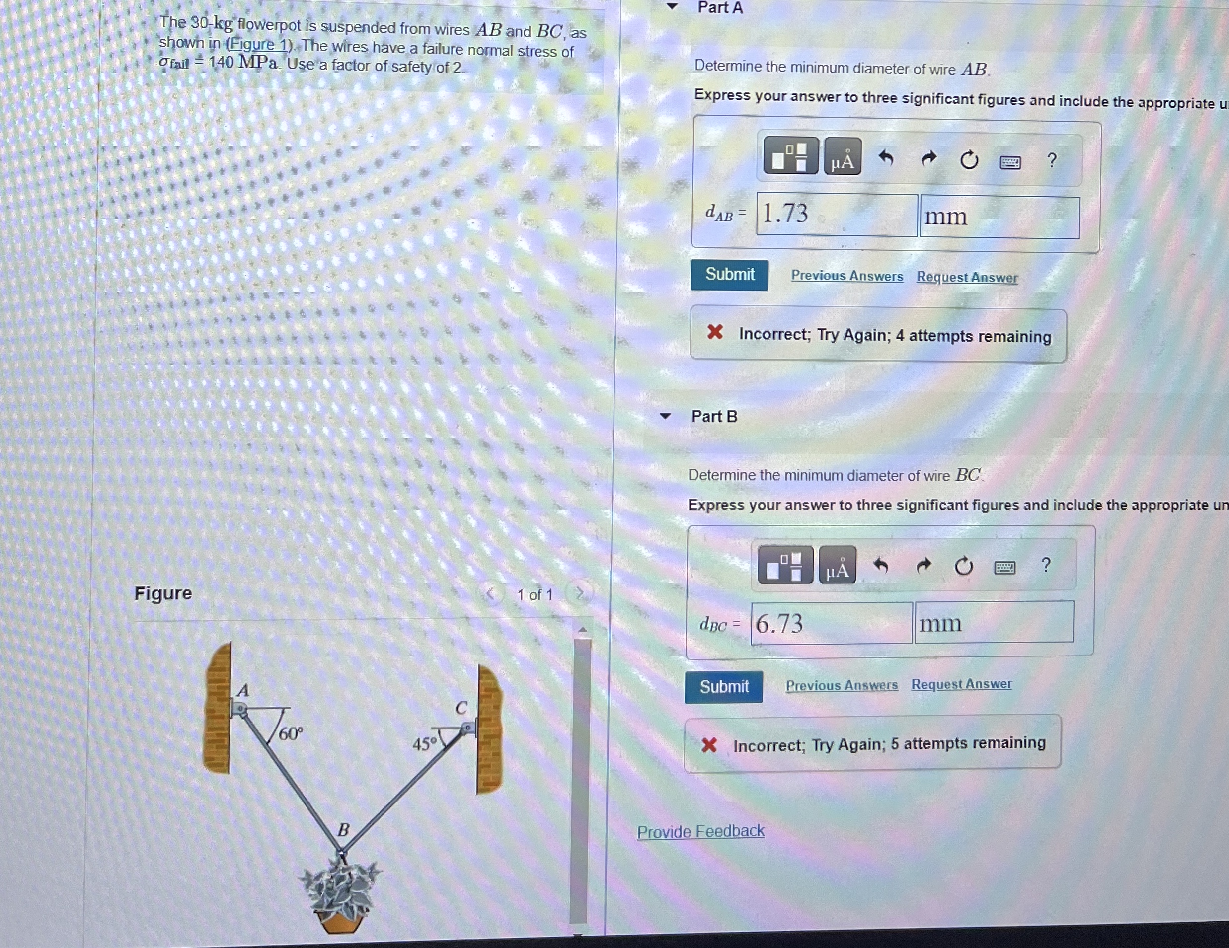 The 3 0 - k g flowerpot is suspended from wires A