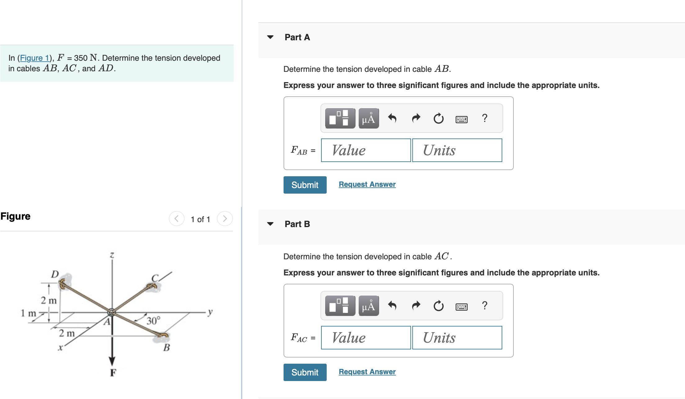 Part A In ( Figure 1 ) , F = 3 5 0 N . Determine