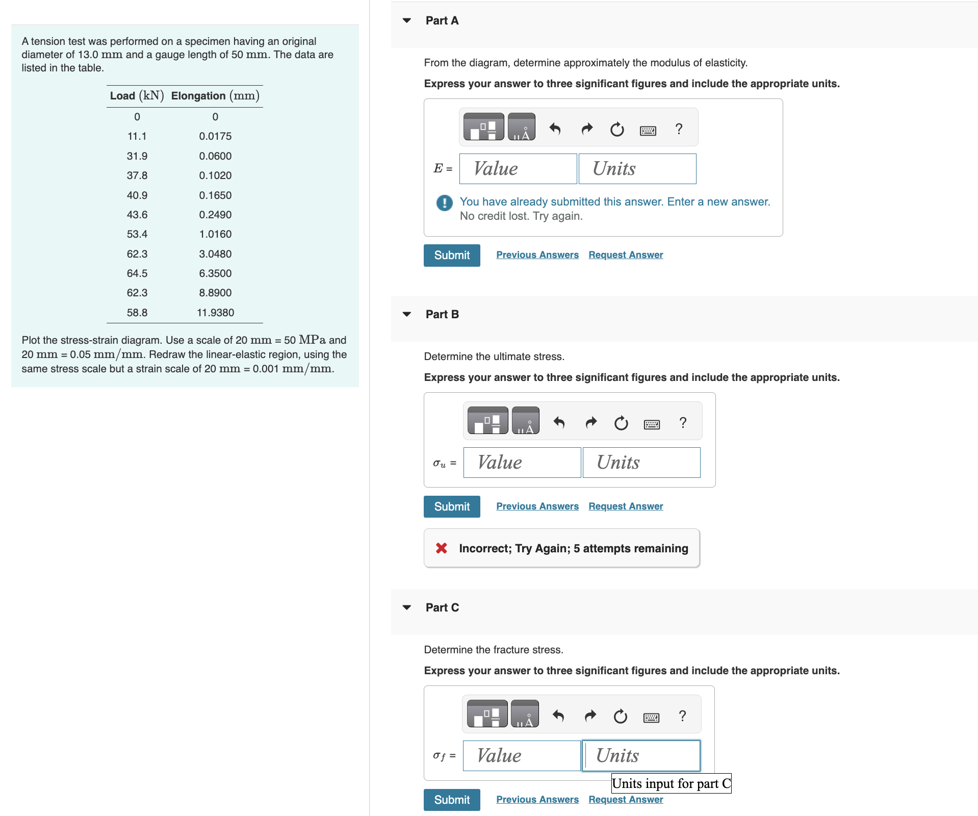 Part A A tension test was performed on a specimen