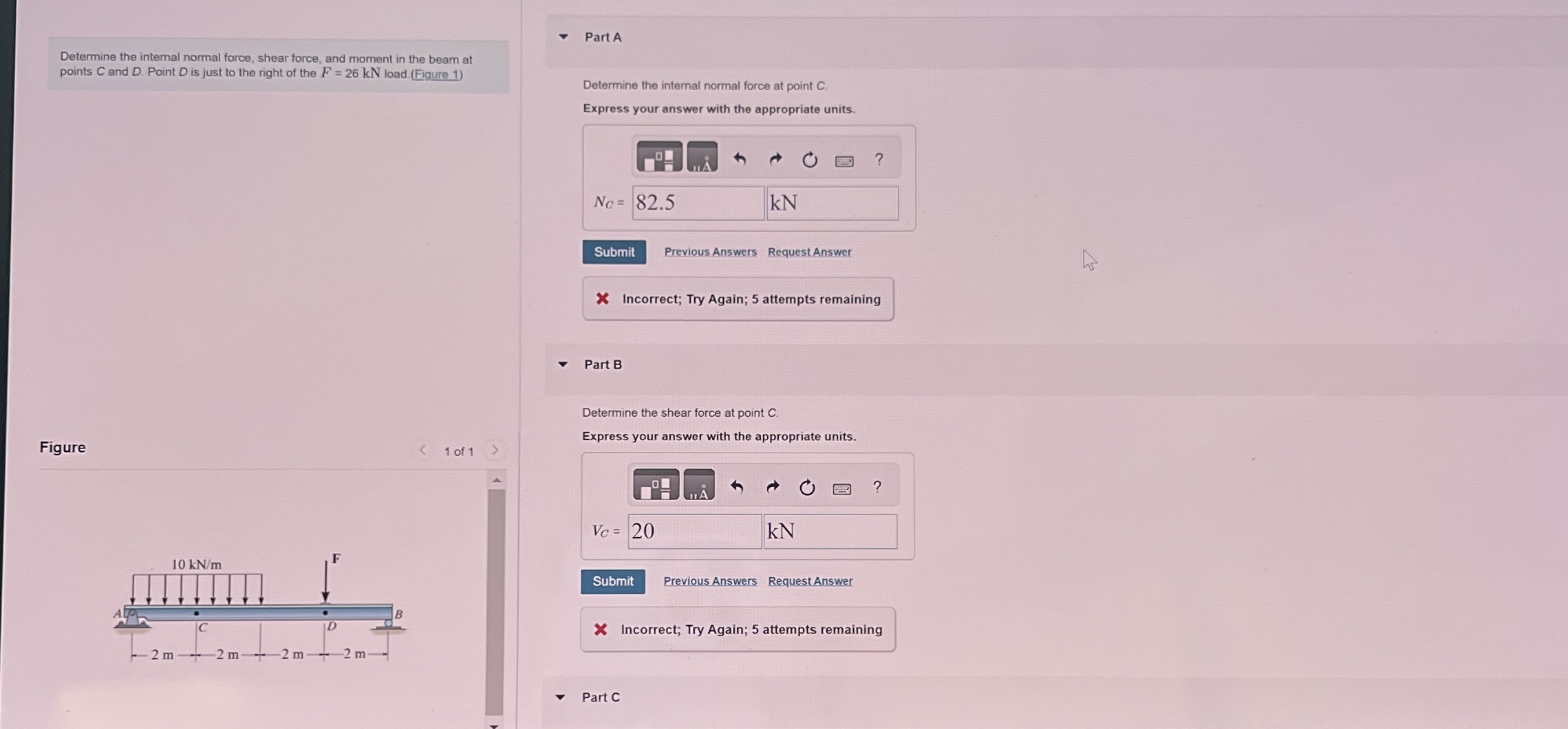 Determine the internal normal force, shear force,