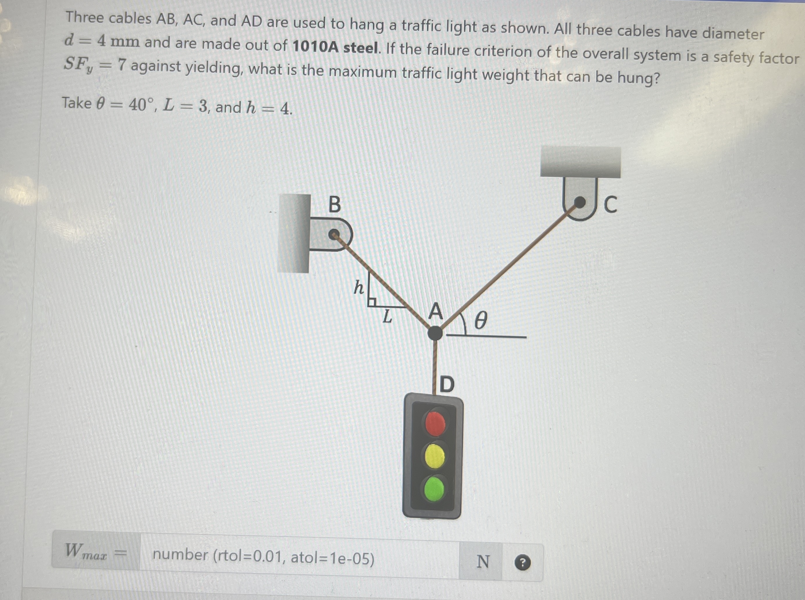 Three cables A B , A C , and A D are used to hang