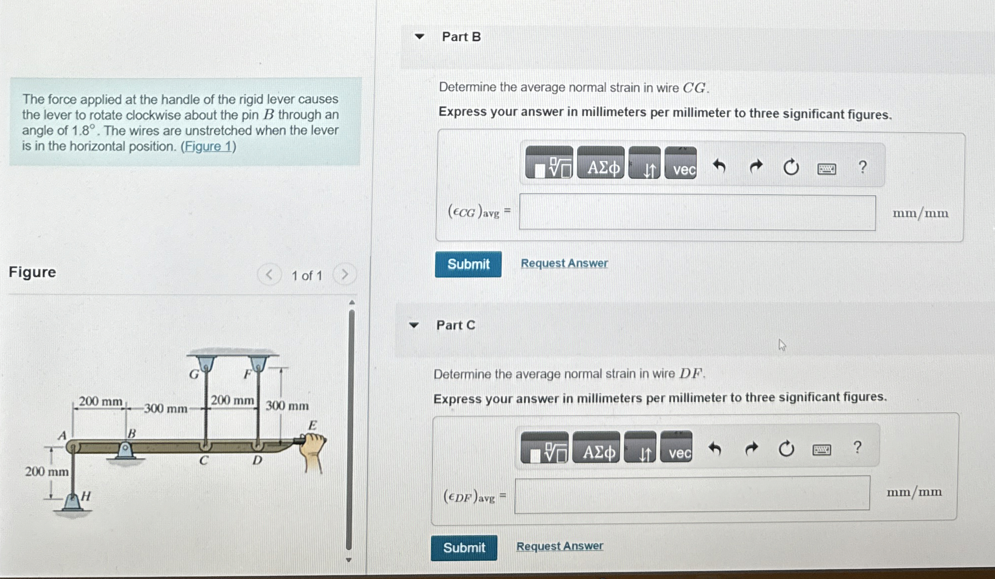 The force applied at the handle of the rigid