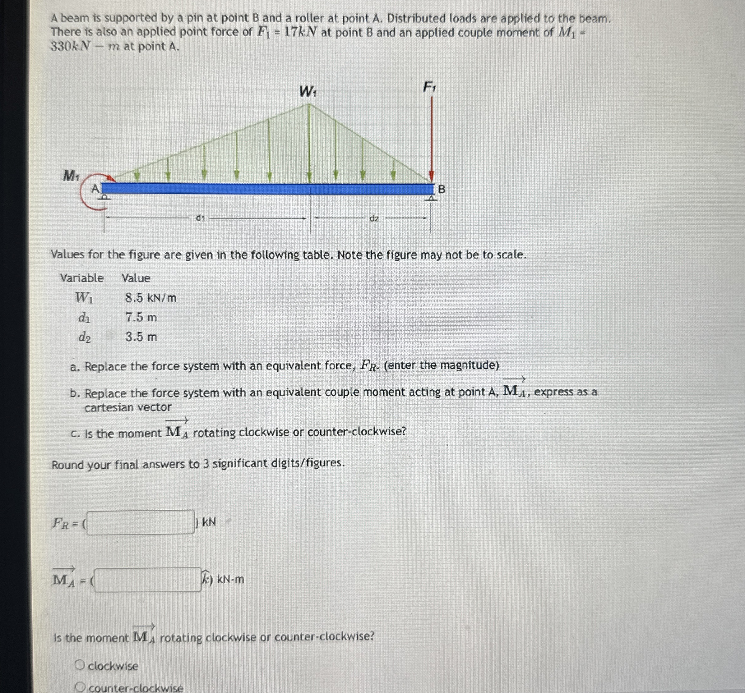 A beam is supported by a pin at point B and a