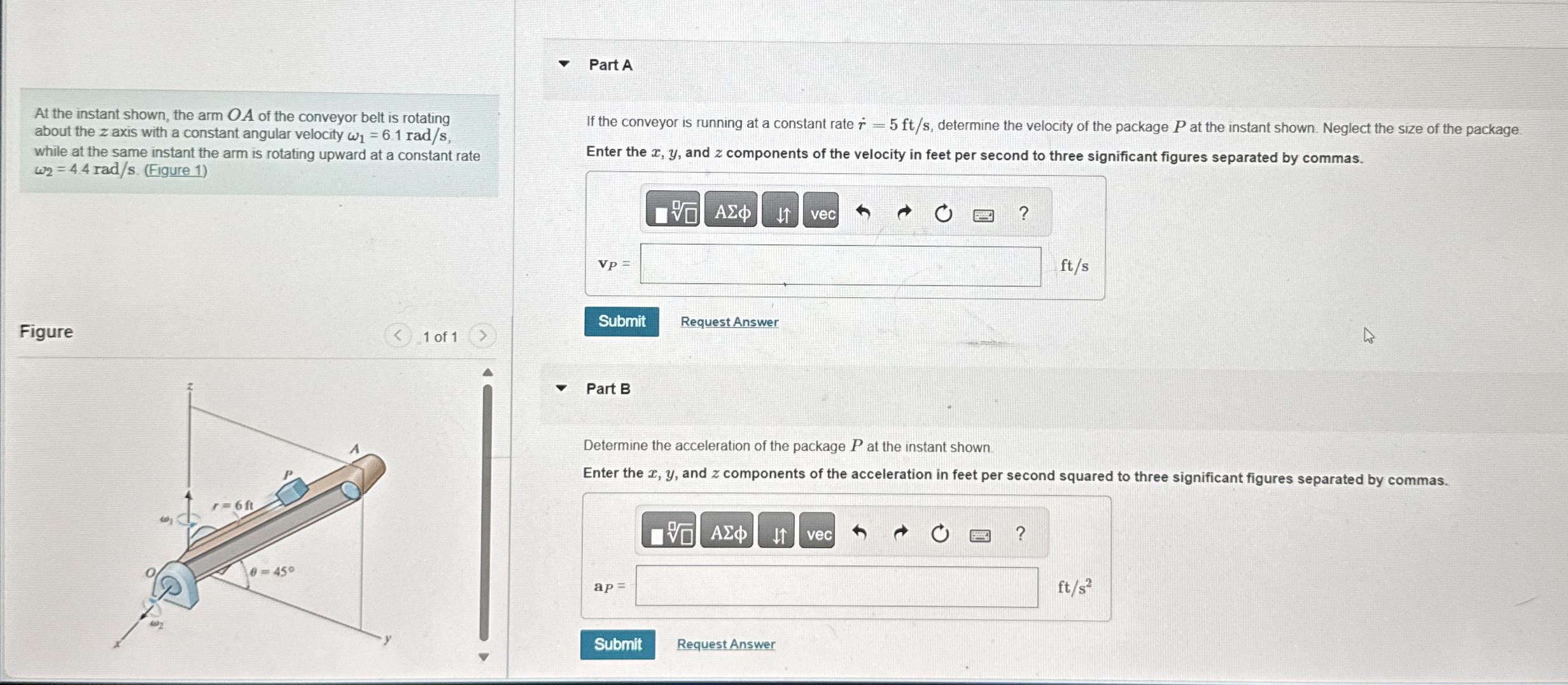 At the instant shown, the arm O A of the conveyor