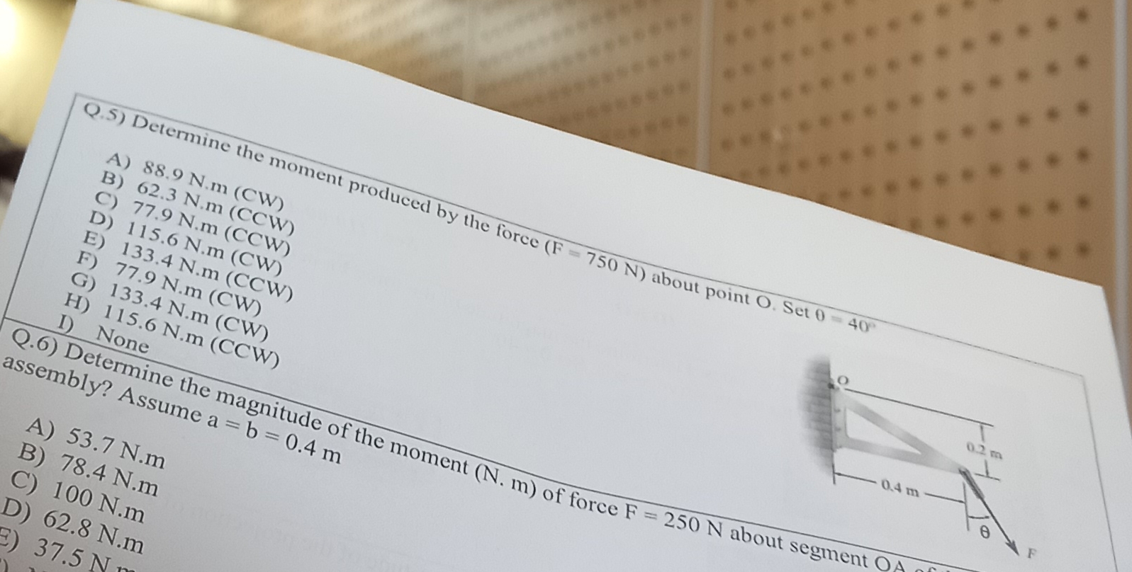 Q . 5 ) Determine the m B ) 8 8 . 9 N * m ( C W )