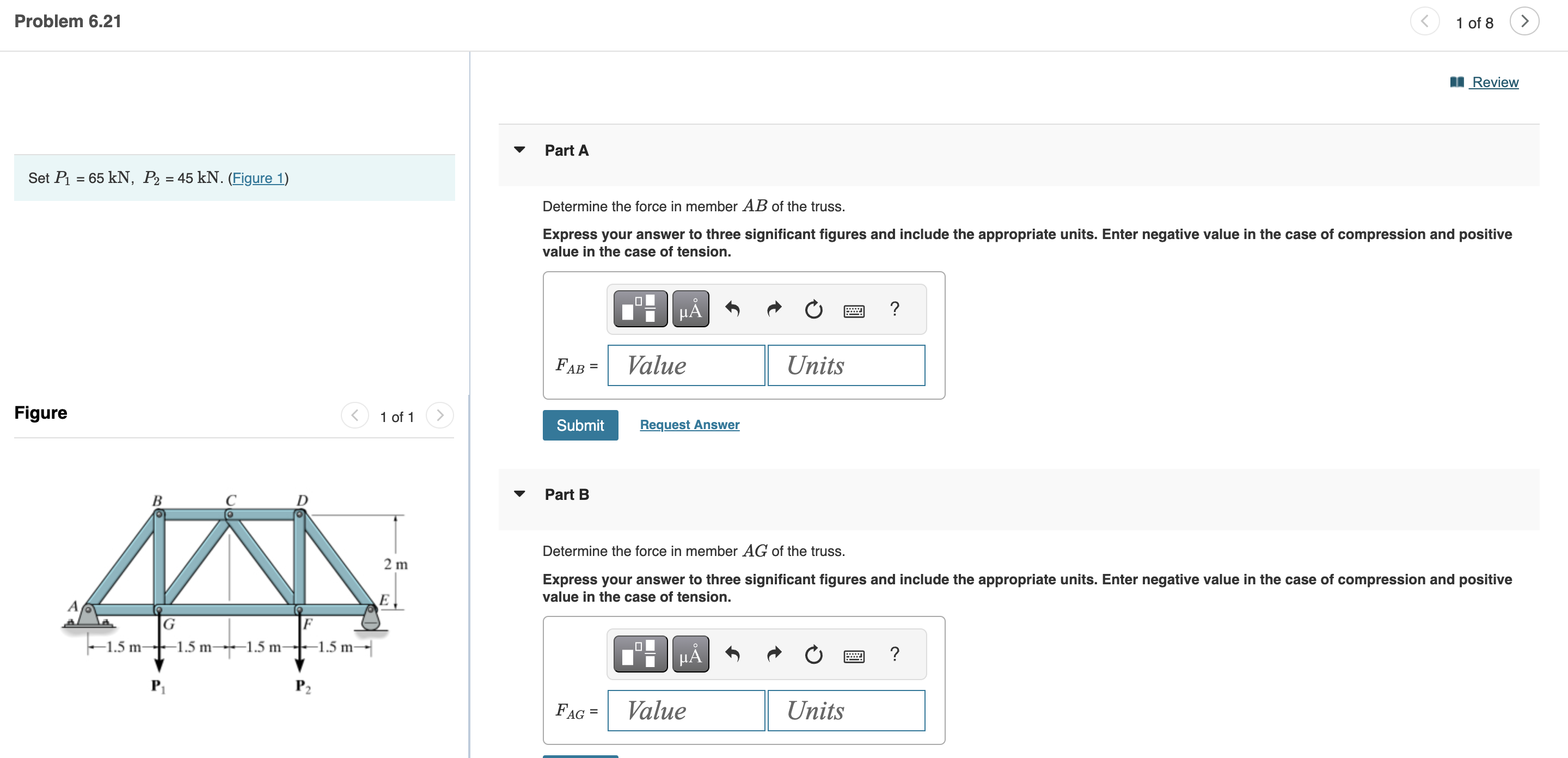 Set P _ ( 1 ) = 6 5 kN , P _ ( 2 ) = 4 5 kN . (