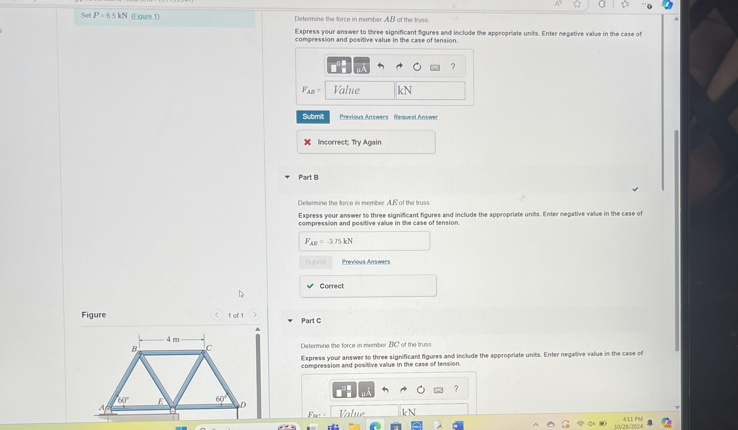 Set P = 6 . 5 k N ( Figure 1 ) Determine the