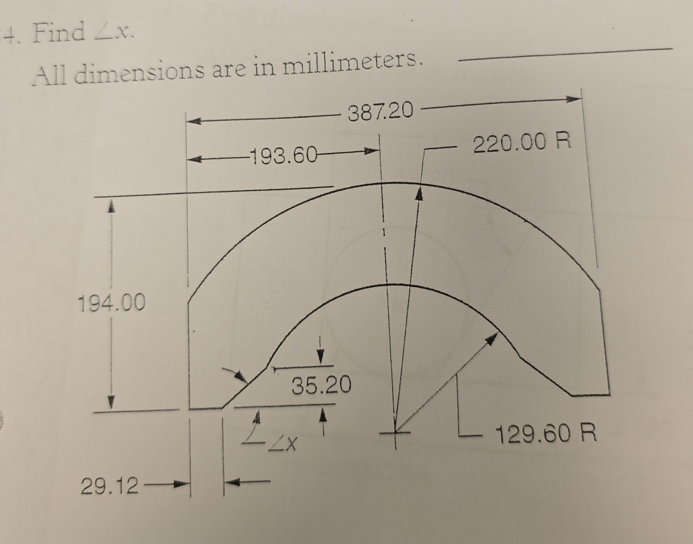 Find ? ? x . All dimensions are in millimeters.