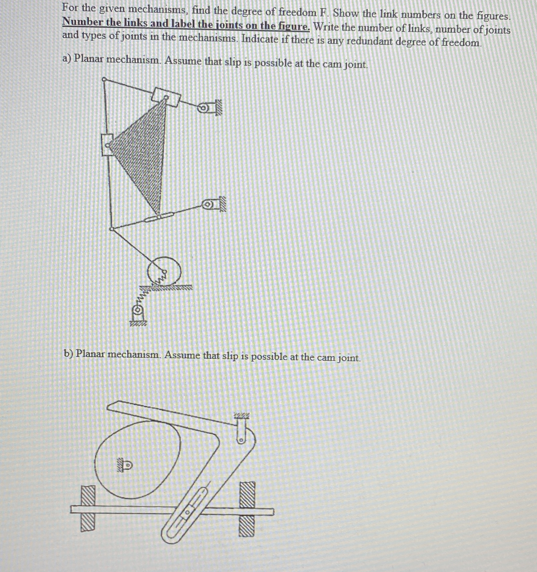 For the given mechanisms, find the degree of