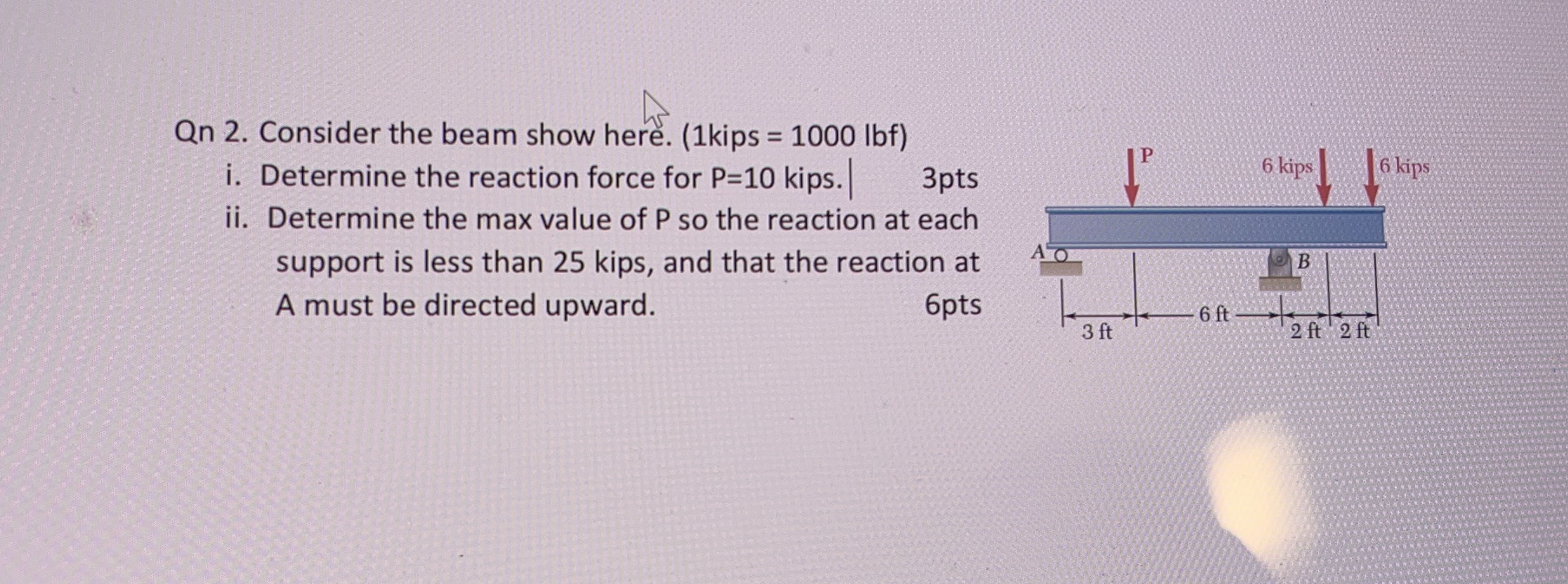 Qn 2 . Consider the beam show here. ( 1 kips = 1