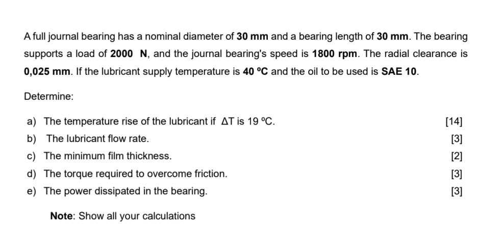 A full journal bearing has a nominal diameter of