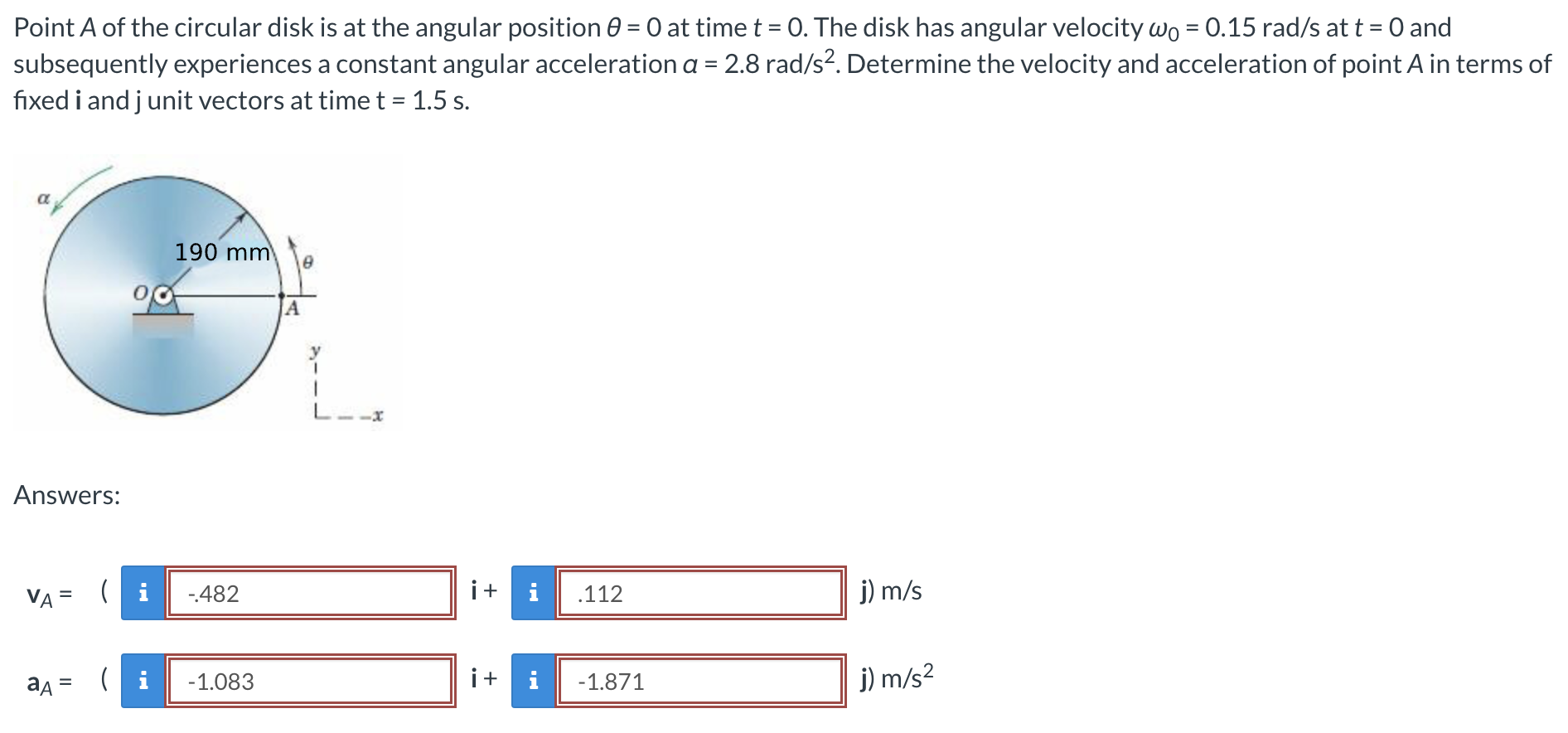 Point A of the circular disk is at the angular