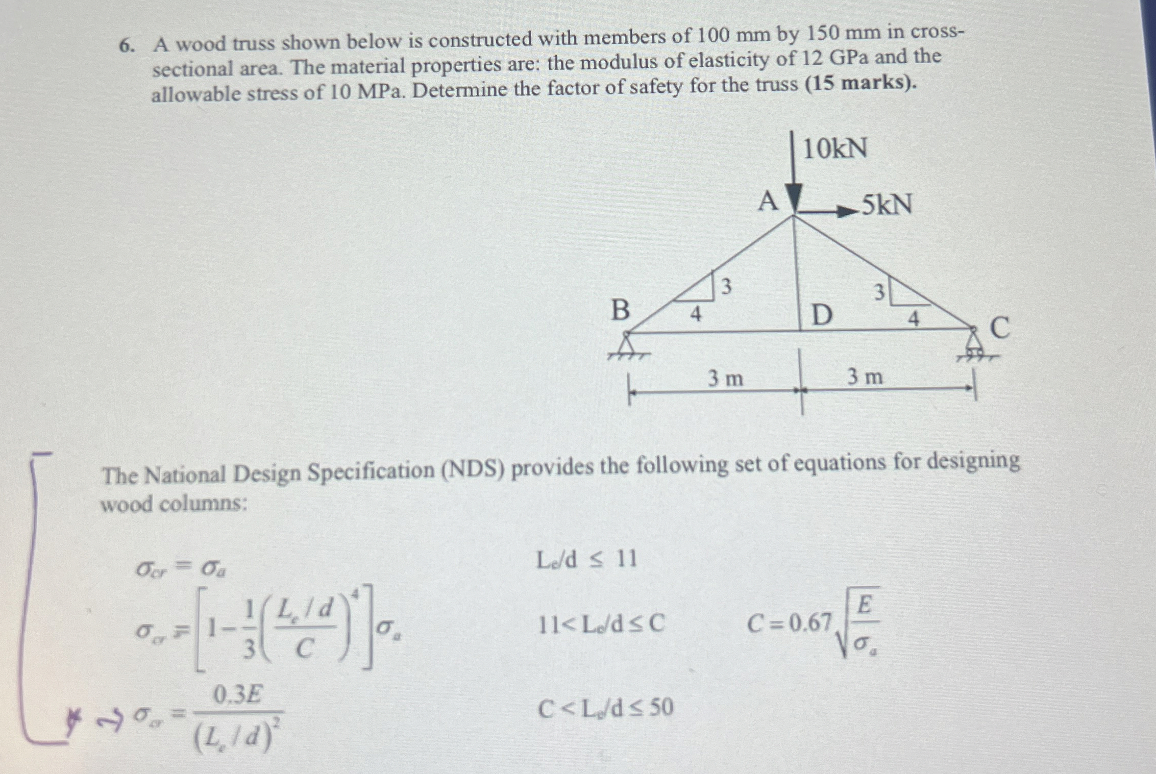 A wood truss shown below is constructed with