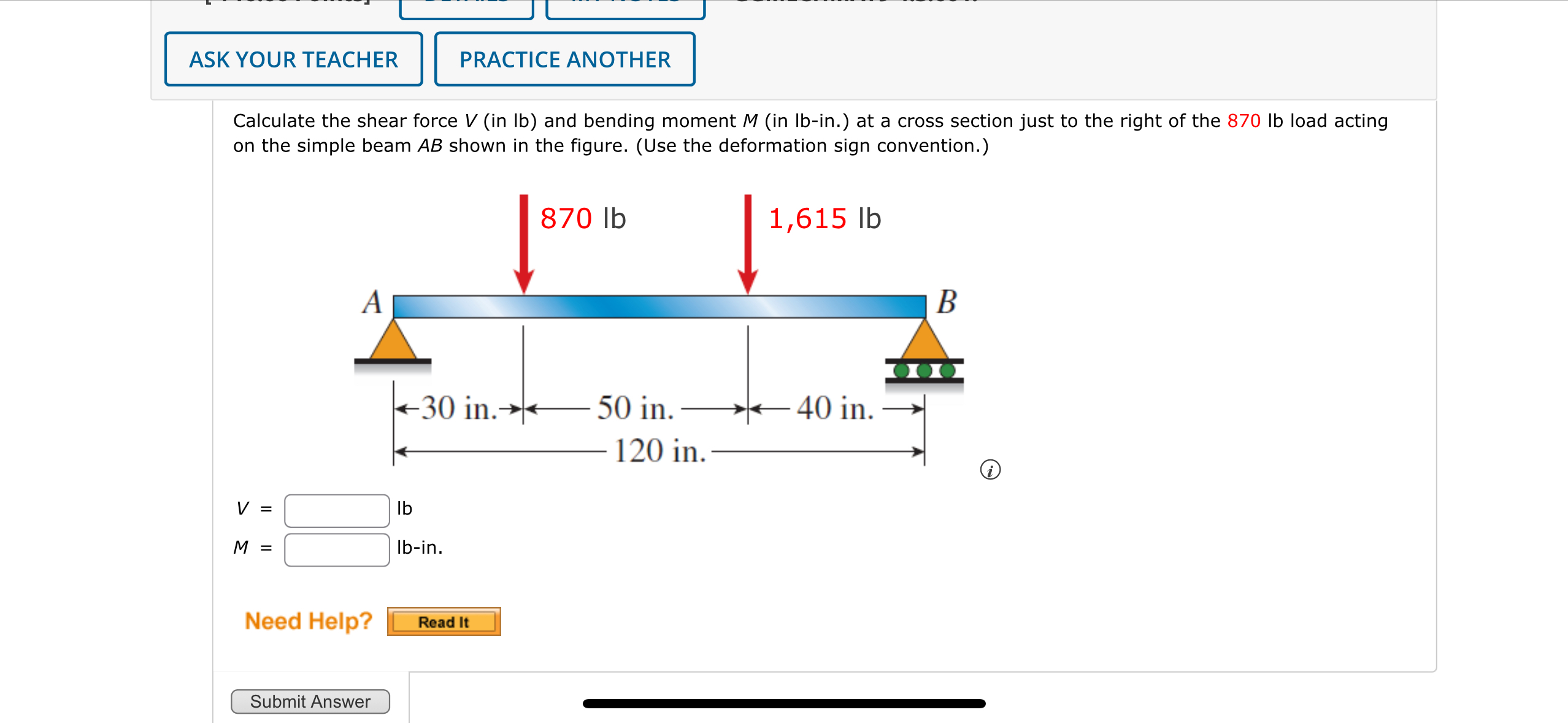 Calculate the shear force V ( in lb ) and bending