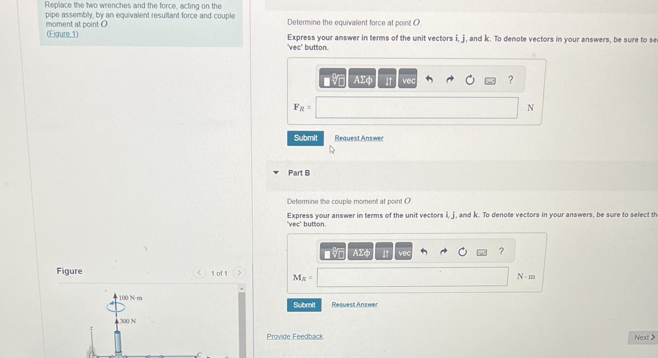 Replace the two wrenches and the force, acting on