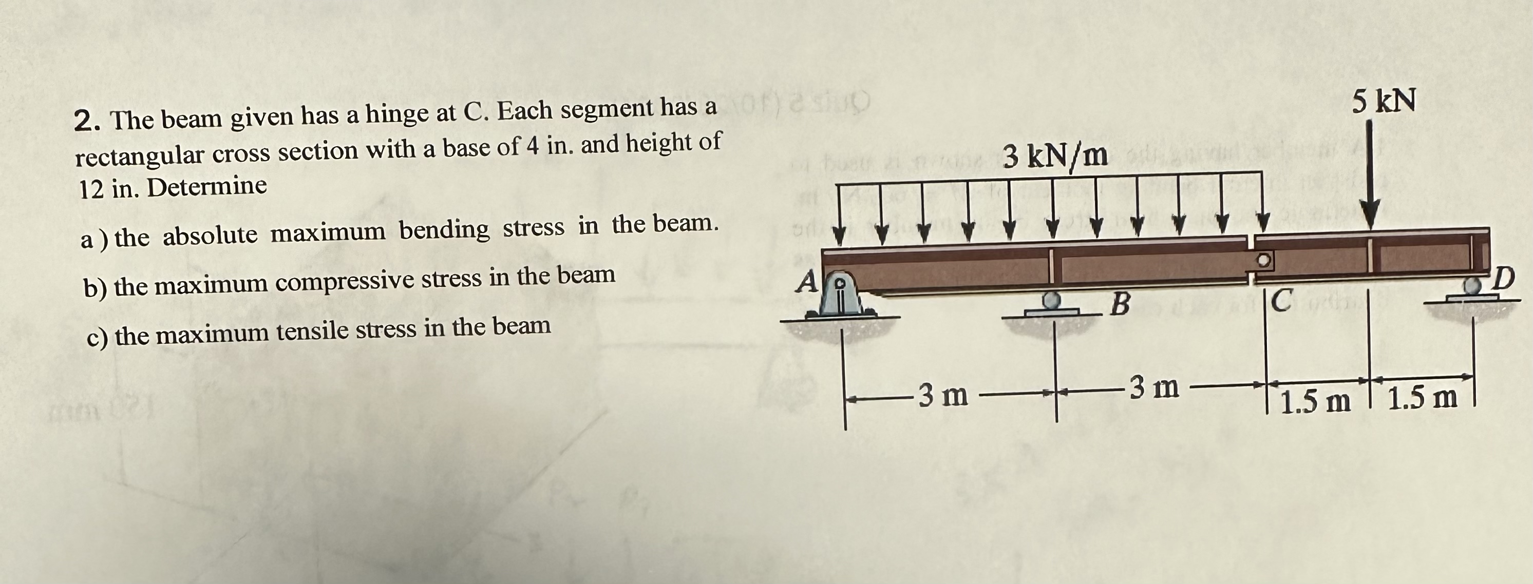 The beam given has a hinge at C . Each segment