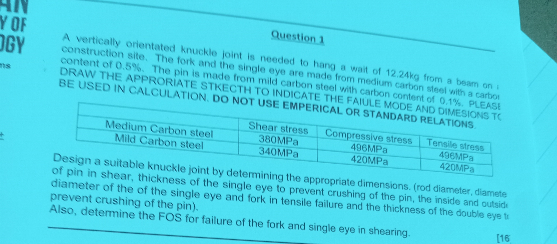 Question 1 A vertically orientated knuckle joint
