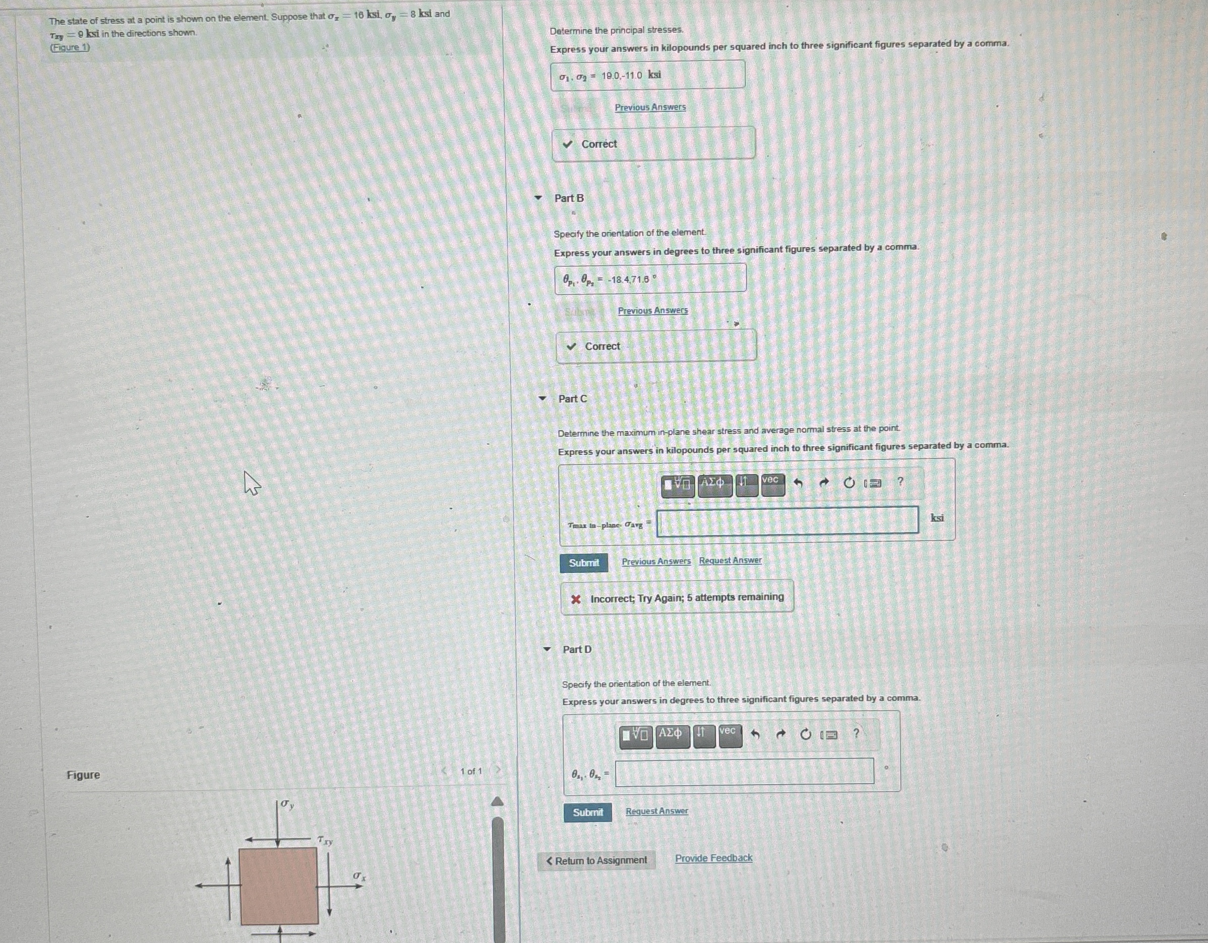 The state of stress at a point is shown on the