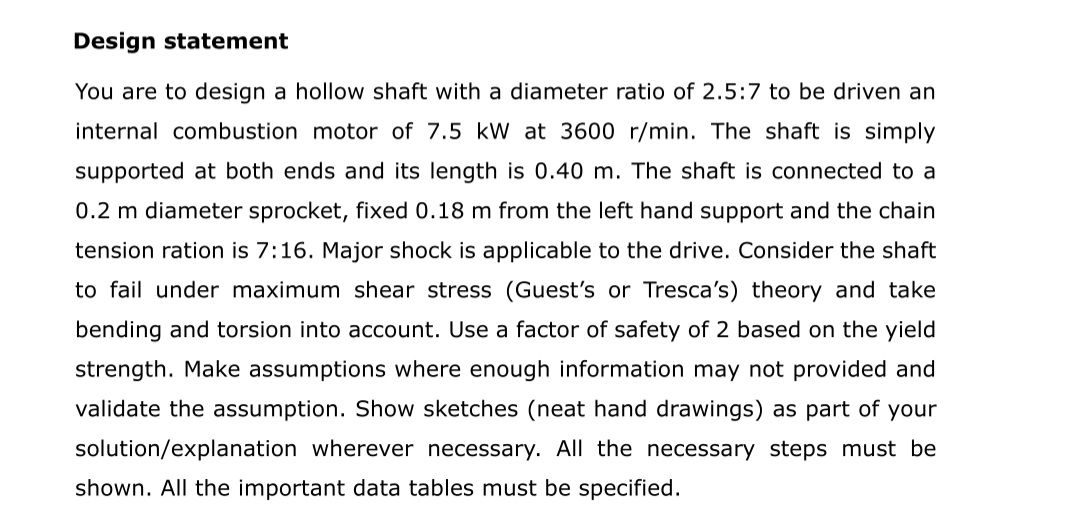 Design statement You are to design a hollow shaft