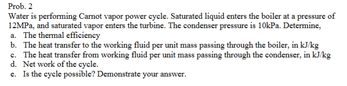 Prob. 2 Water is performing Carnot vapor power