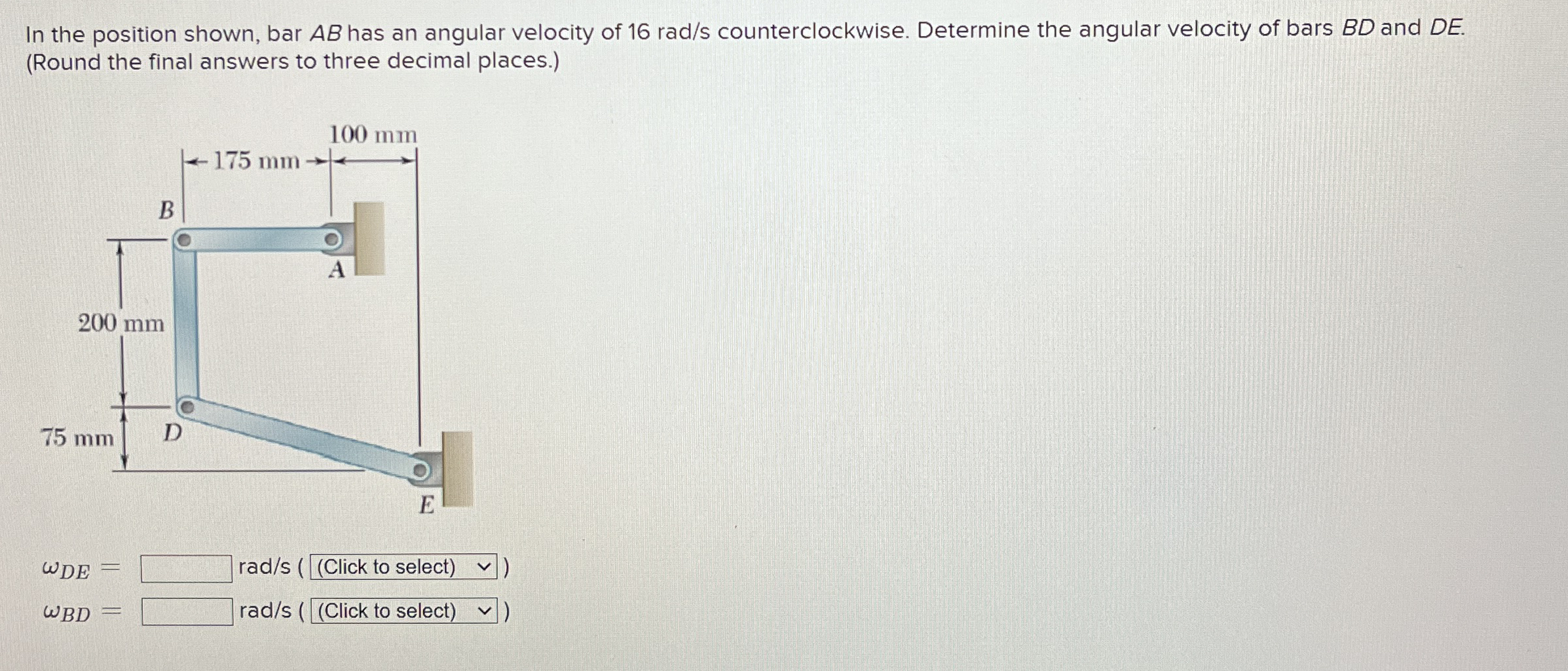In the position shown, bar A B has an angular