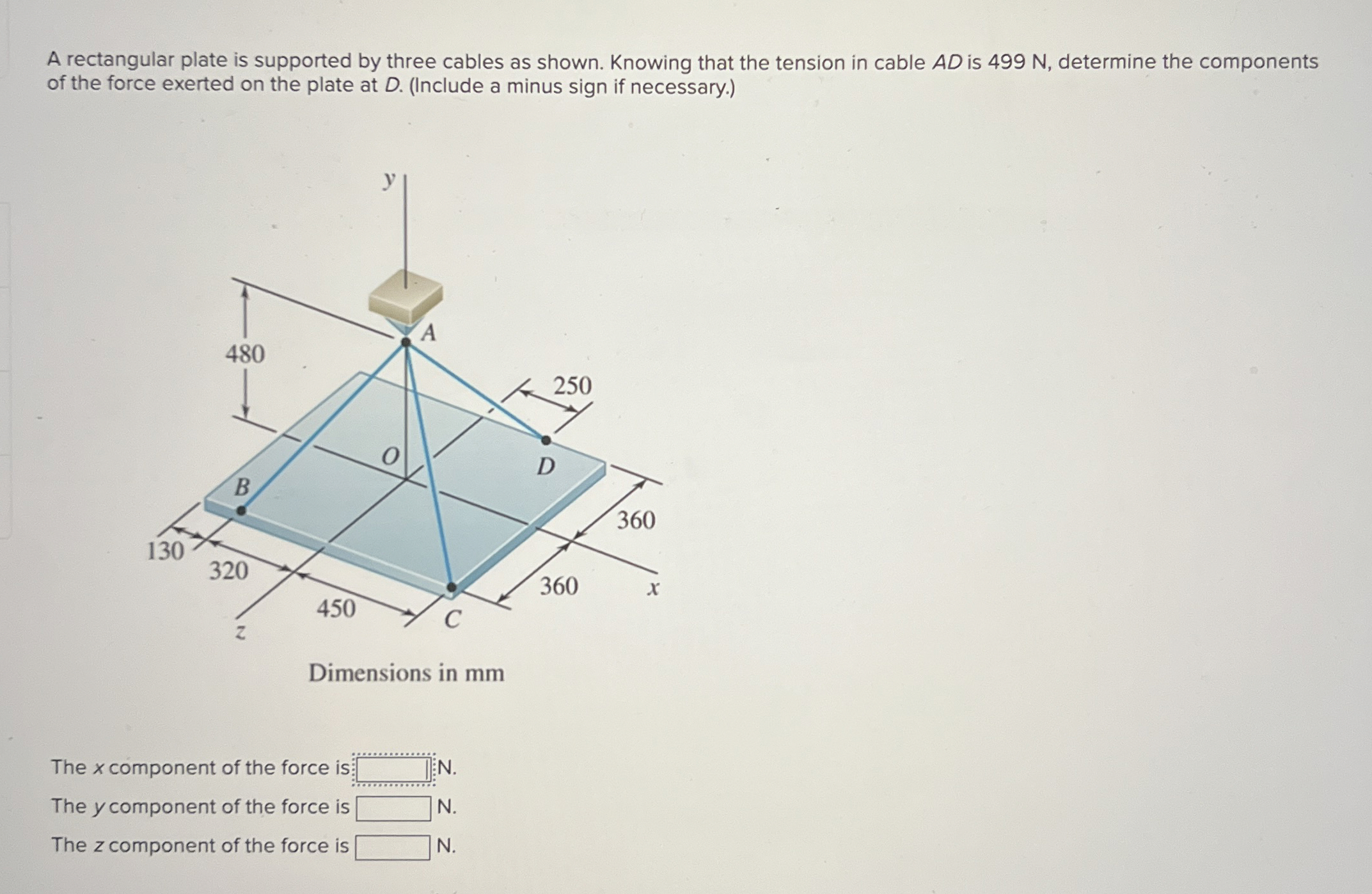 A rectangular plate is supported by three cables
