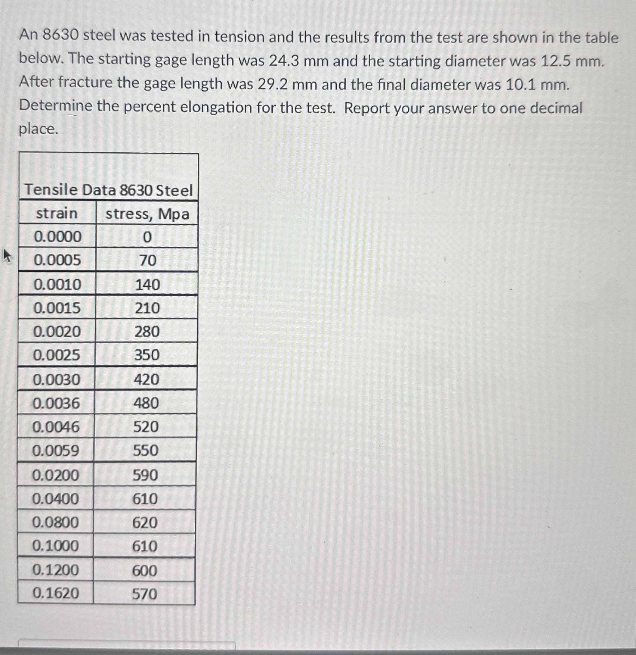 An 8 6 3 0 steel was tested in tension and the