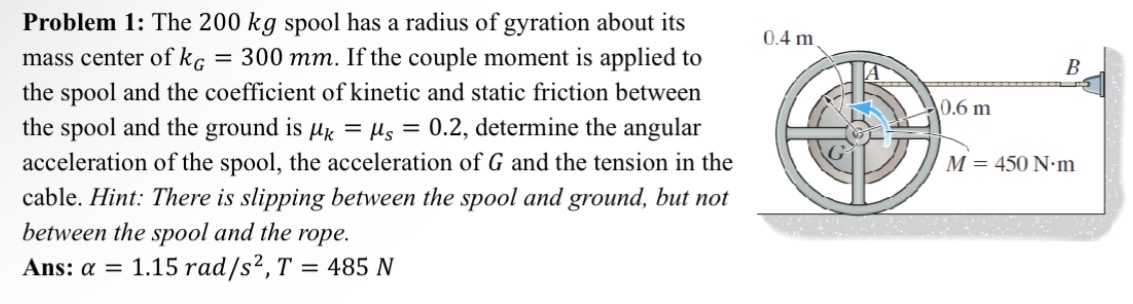 Problem 1 : The 2 0 0 kg spool has a radius of