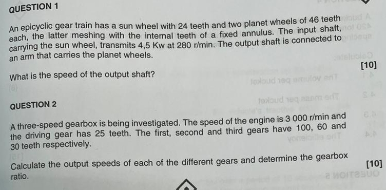 QUESTION 1 An epicyclic gear train has a sun