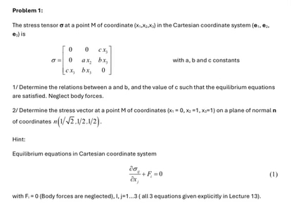 Problem 1 : The stress tensor at a point M of