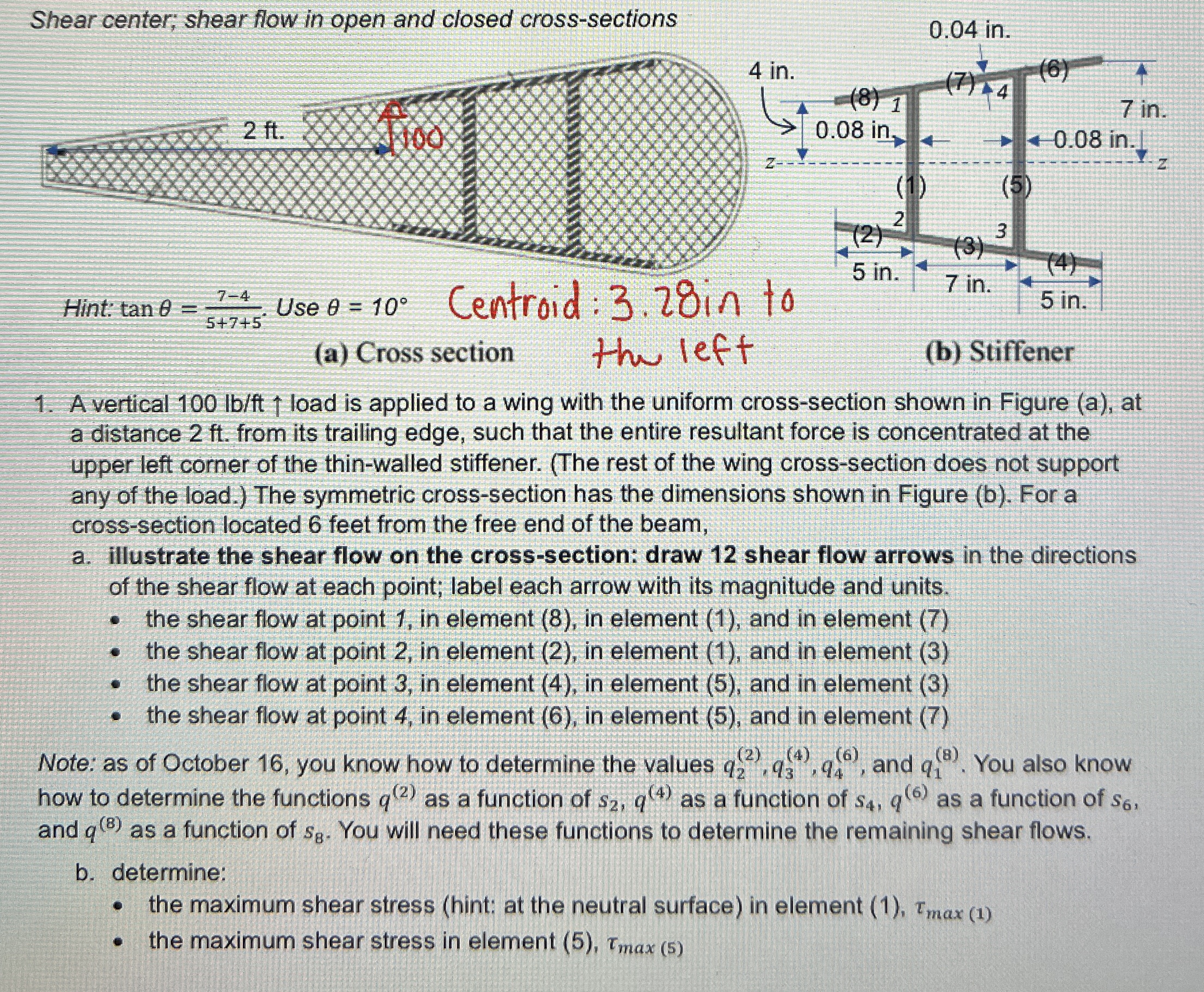 Shear center; shear flow in open and closed cross