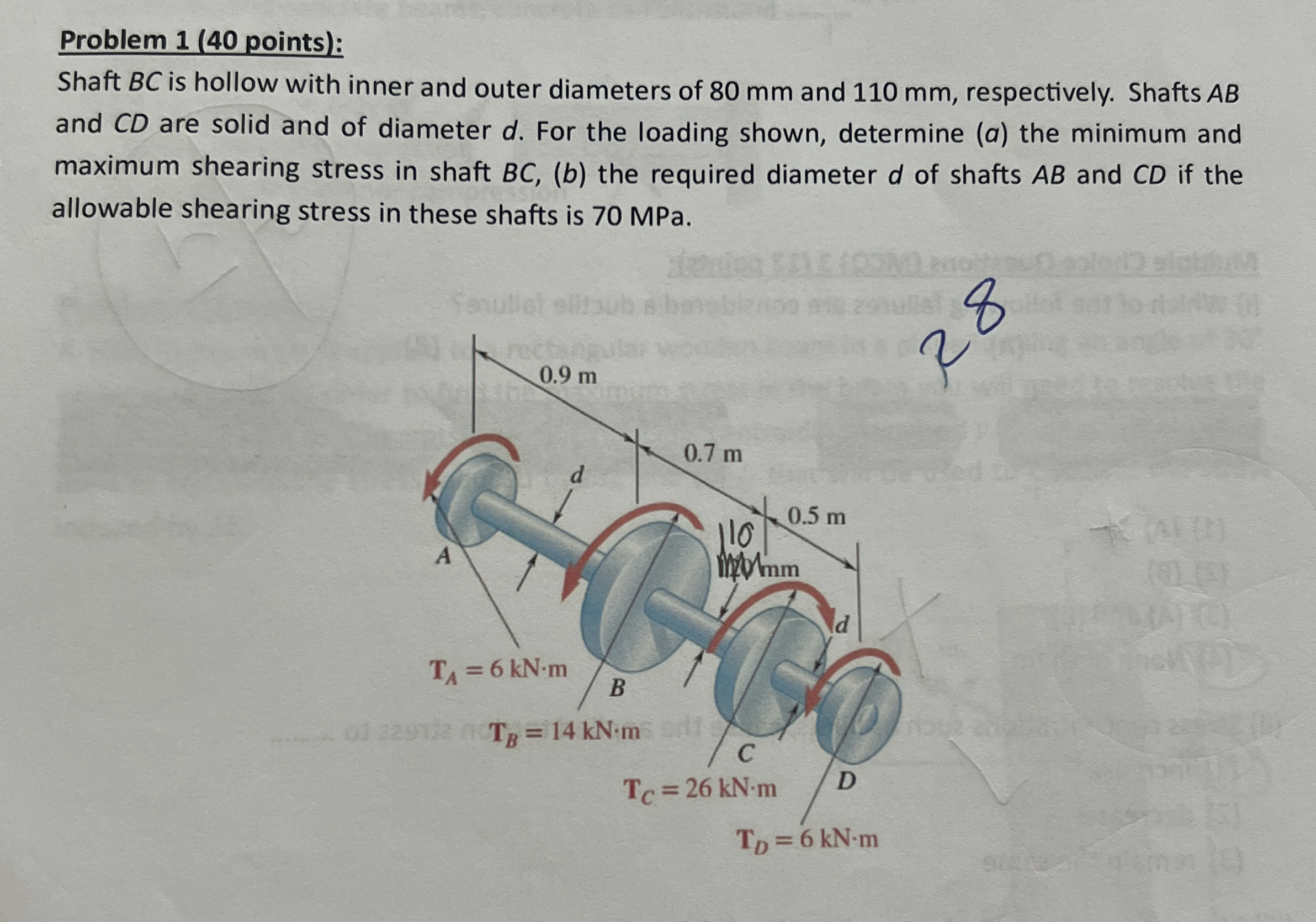 Problem 1 ( 4 0 points ) : Shaft B C is hollow